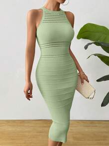 SHEIN Clasi Women Sleeveless Casual Minimal Textured Perforated Ruched Sweater Dress - Olive Green - View 5