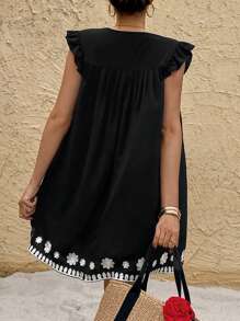 SHEIN Frenchy 女式法式刺绣蝴蝶结迷你盖袖休闲黑色连衣裙波西米亚风服装日常穿着流行款式女式连衣裙女式夏季服装复活节连衣裙女式黑色连衣裙度假装