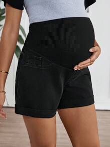 SHEIN Shorts de mezclilla negra con cintura plegable de punto elástico para maternidad, shorts casuales de verano para vacaciones de playa, adecuados para fiestas, vacaciones, citas, Día de San Valentín, tarde de té, moda de vacaciones de primavera y verano en la playa, regalo del Día de la Madre - Azul - Ver 3