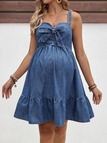 SHEIN Vestido de peto vaquero de maternidad, vestido vaquero casual ajustado con tirantes, vestido de lazo sin mangas, atuendos bohemios para conciertos de primavera/verano, playa, adecuado para fiestas, vacaciones, citas, San Valentín, té de la tarde, verano, vacaciones de primavera y verano, moda, regalos para el Día de la Madre