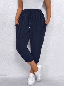 EMERY ROSE Plus Size Women Solid Color Draw-String Waist Pockets Cropped Casual Pants