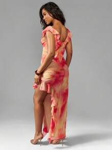 MISSGUIDED PLUS Vestido largo drapeado con estampado de teñido anudado, abertura alta, mangas acampanadas con volante, cintura imperio, para invitada de boda, fiesta, vacaciones, uso elegante - Multicolor - Ver 2