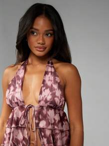 MISSGUIDED Top canottiera con collo alto a balze, stampa floreale in chiffon, con fiocco davanti e schiena scoperta, stile Y2K, adatto per festival estivi