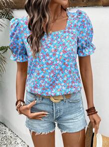 Breezaya 女式休闲碎花印花方领泡泡袖衬衫，夏季