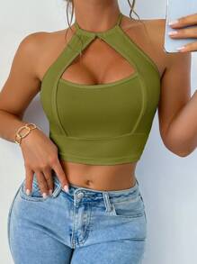 VaVaBold Women's Solid Cut Out Cropped Slim Fit Halter Tank Top - Green - View 3