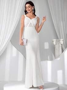 Coutiva Robe de soirée élégante avec ornements de chaîne, cadeau de remise des diplômes, robe de cérémonie pour femmes, robe longue, design perlé, sequins, robe d'été à bretelles pour femmes, robe de soirée, pour invités de mariage - Blanc - Voir 5