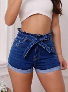 SHEIN Frenchy Casual Paper Bag Waist Roll Up Hem Slim Fit Denim Shorts, Summer - Dark Wash - View 6