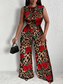 Slaydiva 大码时尚豹纹和花朵印花无袖连体裤，适合夏季 - 紅色 - 查看 4