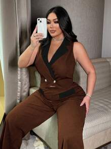 SHEIN Unity 2 Stücke/Set Damen Große Größen eleganter schwarzer & weißer Kontrast Hosenanzug aus Weste und Hose, Knopf-Dekor zusammenpassendes Outfit - Verschiedenfarbig - Übersicht 6