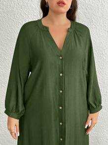 EMERY ROSE 大码纯色 V 领前扣休闲长袖连衣裙长款女装 - 綠色 - 查看 3