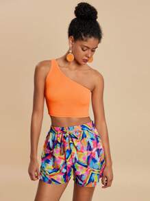 Travachic Set de 2 piezas Conjunto de top de tirantes finos de unicolor y shorts con estampado total para mujer, conjuntos de vacaciones para mujeres, conjunto de dos piezas para mujer