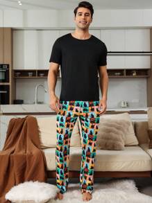 Men's Plain Crew Neck Short Sleeve Top And Pants Pajama Set - Multicolor - View 6