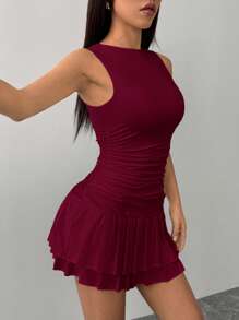 SHEIN PETITE 夏秋冬打底纯白色无袖紧身聚拢迷你双层百褶女装连衣裙 - 酒紅色 - 查看 6