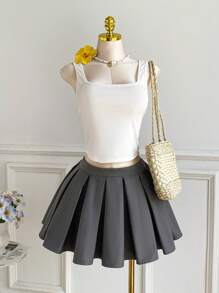 Comfortcana Plus Size Women's Solid Color Bowknot Detail Cropped A-Line Skirt - Grey - View 2