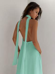 Aloruh 女式深 V 领露背高低长款雪纺连衣裙，配有腰带，适合婚礼、派对、节日、春夏季