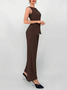 Aloruh Women's 2pcs Office Wear Set: Khaki Lapel Decoration Sleeveless Blazer & Trousers In Fall/Winter - Mocha Brown - View 5