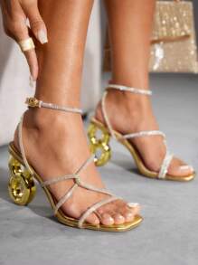 CUCCOO SZL 方头粗高跟水钻装饰性感时尚女士正装凉鞋，适合夜间外出、约会、派对、春夏季服装 - 金色 - 查看 5