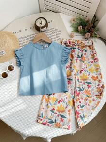 LMoss Kids Bộ 2 món LMoss Young Girl: Áo len cổ nhún màu trơn và quần dài dệt họa tiết hoa nhỏ - Màu xanh lam - Xem 3