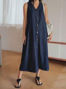 Dazy-Less 复古水洗直筒宽松口袋装饰商务休闲简约女式牛仔连衣裙，夏季 - 深色水洗藍 - 查看 3