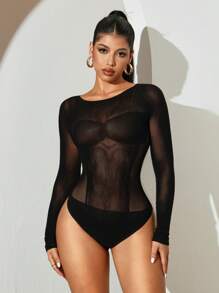 Sirith Women's Hollow Out Mesh Round Neck Long Sleeve Sexy Bodysuit