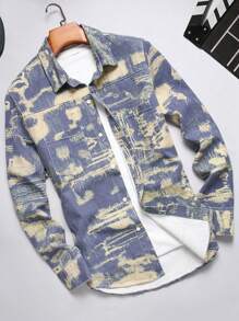 Manfinity Homme Herr Lila Denimskjorta: Snygg långärmad skjorta med abstrakt tryck och fickdetalj, höst - Blåröd - Visa 1