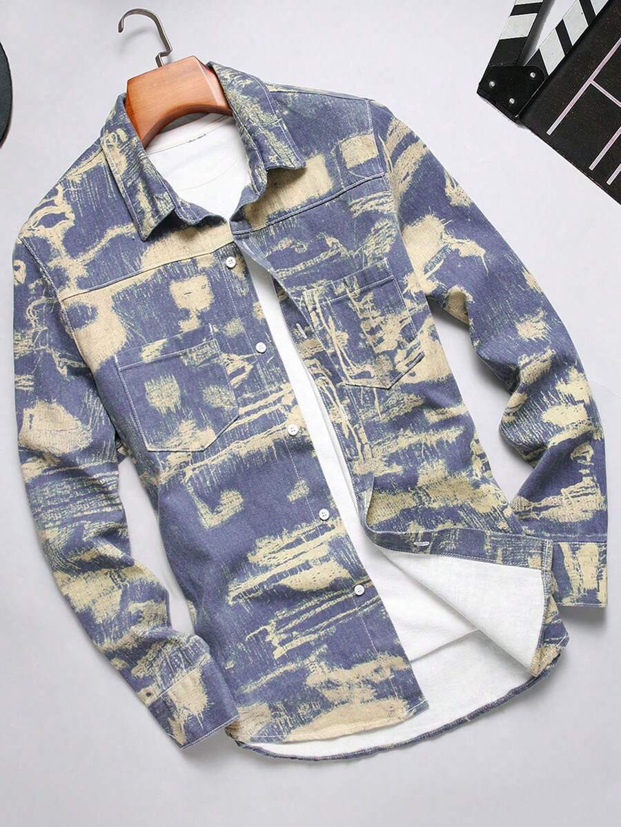 Manfinity Homme Herr Lila Denimskjorta: Snygg långärmad skjorta med abstrakt tryck och fickdetalj, höst - Blåröd - Visa 1