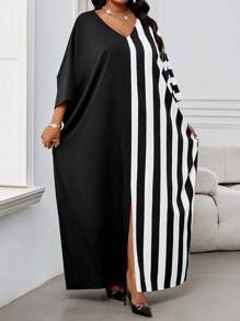 SHEIN Lady Spring And Summer Elegant Commuting Office Casual Boho Black And White Woven V Neck Split Batwing Sleeve Tunic Dress Kaftan Dress Long Quarter Sleeves Plus Size Dresses Plus Size Abayas Elegant Women Dresses Classy Outfits Modest Dress Abaya Dress Women Clothing Summer Vacation Dress Vacation Summer Outfits For Women Summer Dresses For Women Vacation Outfits Women - Black and White - View 3