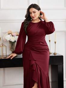 Modelyn Plus Size Women Solid Color Crew Neck Lantern Sleeve Pleated Ruffle Hem Elegant Midi Dress - Burgundy - View 3
