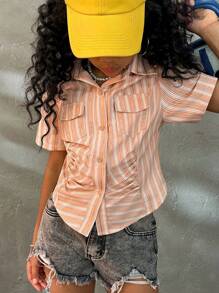 SHEIN Tween Girls Orange Striped Short Sleeve Shirt,Summer Button Front Waist Cinched Collared Shirt,Streetwear City Break Elegant Casual Fitted Tops - Khaki - View 3