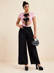 LUNA B Pink And Black Bow Hollow Short-Sleeved Sweet Tights Romantic Beachwear Bohemian Holiday Bodysuit - Pink - View 2