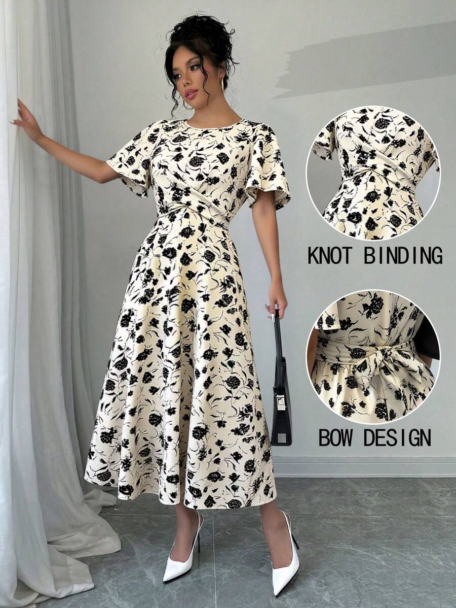 RosyDaze 黑白不对称印花扭结吊带连衣裙，扭结吊带连衣裙，休闲度假连衣裙 - 杏色 - 查看 1