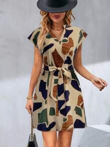 Breezaya 女式休闲拼色印花镂空领口连衣裙，夏季