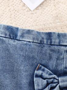 2pcs Baby Girl Casual Bow & Dot Print Denim Outfit Sets, Fashionable & Cute Style,Summer