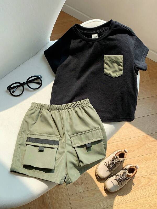 SHEIN 2pcs/Set Baby Boy Casual Fashion Utility Style Black Short Sleeve T-Shirt And Military Green Utility Shorts Set, Suitable For Indoor, Outdoor, Daily, Sports, Play, Party, Photography, Holiday, All Seasons, Spring/Summer