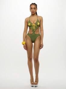 SUMWON WOMEN Costume da bagno monokini con taglio, applicazione di stelle, design con lacci sulla parte anteriore, ideale per spiaggia, vacanza, resort, feste in piscina