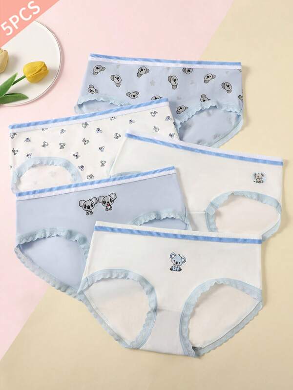 5 Stück/Set Teenager Mädchen Blau Koala Kontrastspitze Taille Süß Bequem Muster Muster Slips