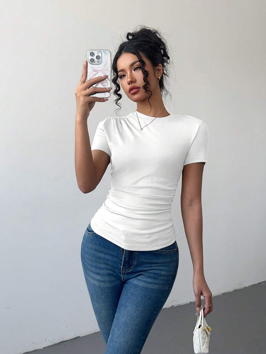 Chiquease 女士新款时尚褶皱肩短袖 T 恤 - 白色 - 查看 1