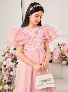 Pitira Pitira Tween Girl Elegant Summer Pink Organza Floral Mesh Dress - Pink - View 4