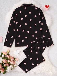 2 件装少女杏色蝴蝶印花长袖开衫和裤子，舒适休闲家居服套装 - 黑色 - 查看 2