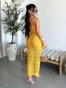 SHEIN SXY 女士纯色镂空性感紧身连衣裙 - 芥末黃 - 查看 2