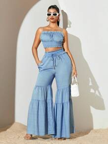 Sirith Bộ đồ 2 món gồm áo hai dây bèo nhún màu trơn gợi cảm cho kỳ nghỉ hè dành cho nữ và quần ống rộng, bộ đồ thường ngày mùa hè dành cho nữ, trang phục đi biển ngày lễ, bộ đồ 2 món - Màu xanh lam - Xem 5