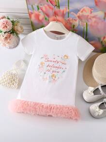 Baby Girls Cute Princess Knitted Round Neck Fairy Pattern Dress With Mesh Hem Ruffle Detail - White - View 2