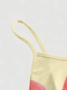 SHEIN MOD Váy suông hở eo nhún bèo tối giản phong cách cổ điển họa tiết hoa loa kèn đỏ trên nền vàng nhạt, phù hợp cho mùa hè - Nhiều màu - Xem 3