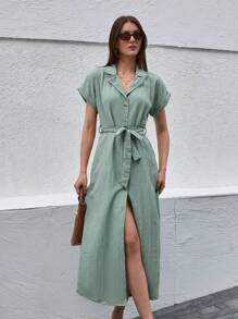 Textured Double Cuff Curved Hem Buttoned  Shirt Maxi Dress Shell Belted - Mint Green - View 6