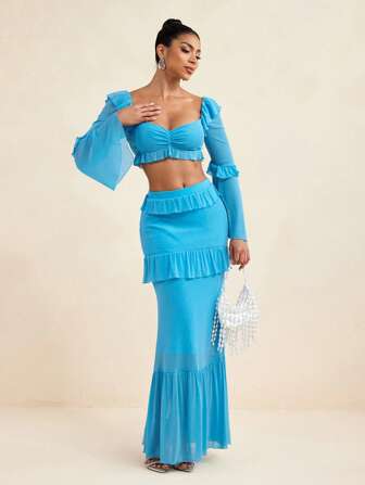 LUNA B Solid Blue Glitter Ruffles Layered Maxi Skirt For Women Summer Vacation Holiday Beach Boho Skirt