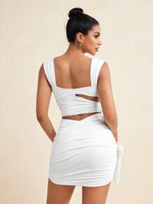 LUNA B Vestido mini blanco sólido con corte de lazo sexy para mujer, atuendo para playa y vacaciones de verano