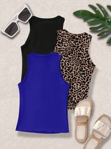 SHEIN LUNE Plus Size Round Neck Sleeveless Casual Top, Minimalist Daily Wear Cheetah Print Tee - Multicolor - View 2