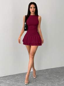 SHEIN PETITE 夏秋冬打底纯白色无袖紧身聚拢迷你双层百褶女装连衣裙 - 酒紅色 - 查看 7