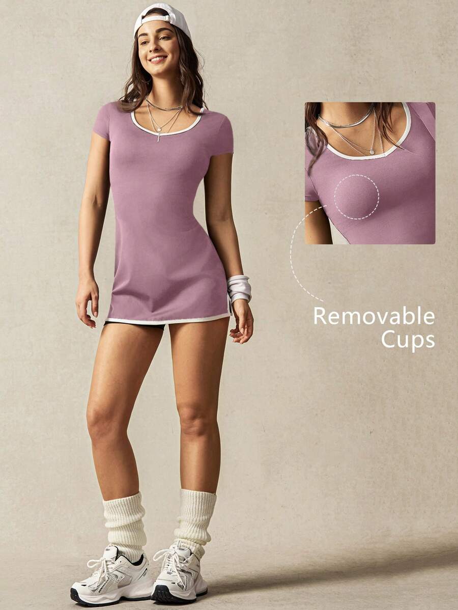 VARSIVA 心形领口短袖开衩撞色边缘迷你女式运动连衣裙 - 淺灰紫 - 查看 1