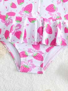 SHEIN Infant Girls' Cute Butterfly & Floral Print Ruffled Sleeve One-Piece Swimsuit, Suitable For Summer Beach Vacation - Multicolor - View 4